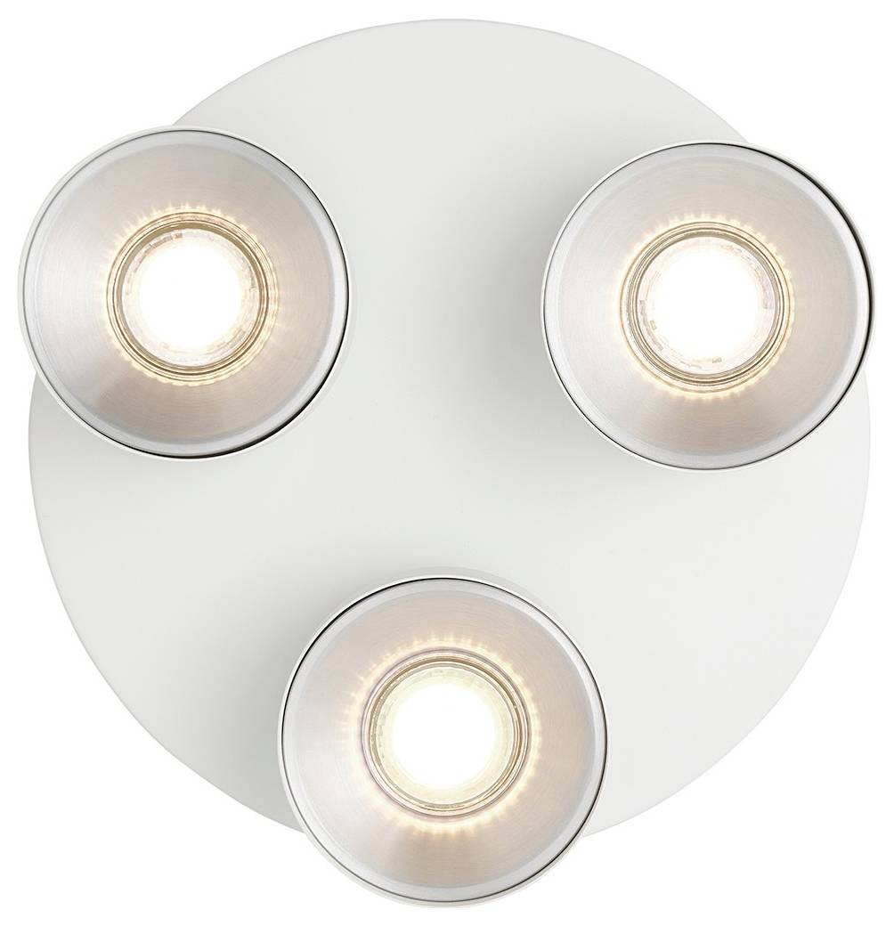 Luminaire de plafond avec trois projecteurs LED ronds disposés en formation triangulaire sur une base circulaire blanche.