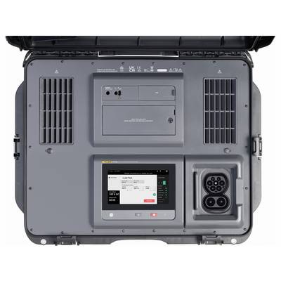 Le panneau arrière d'un chargeur ou d'un appareil d'alimentation avec un écran affichant « Load Test » et des connecteurs sur la droite.