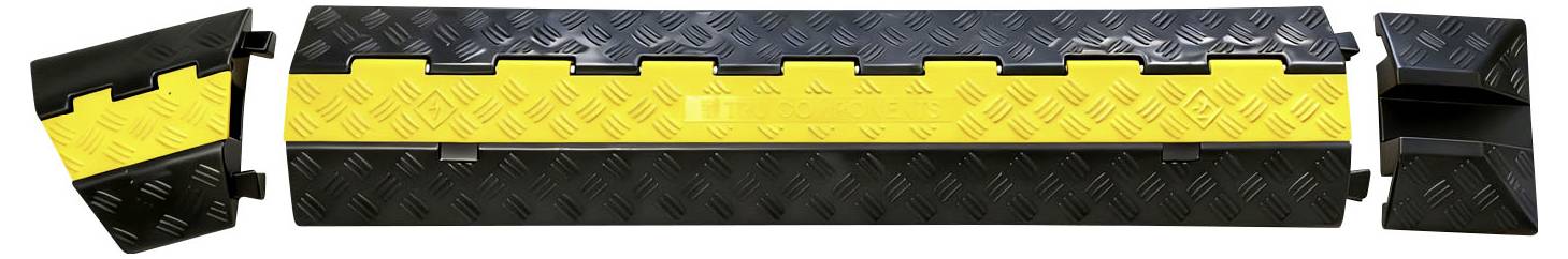 Rampe à câbles modulaire jaune et noire avec section centrale texturée et embouts, présentée en trois pièces sur fond blanc.