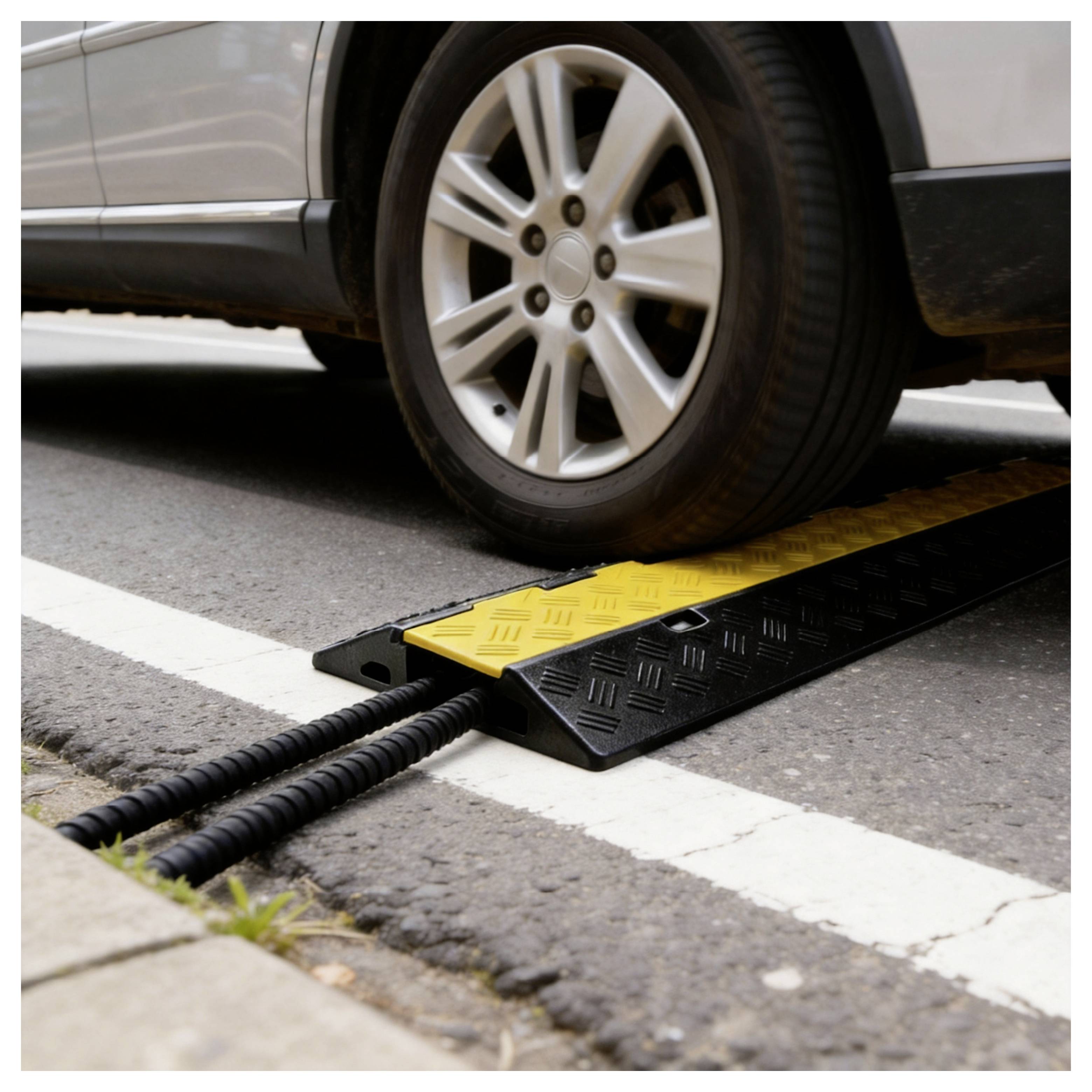 Un pneu de voiture roulant sur un protège-câble jaune et noir sur la route.