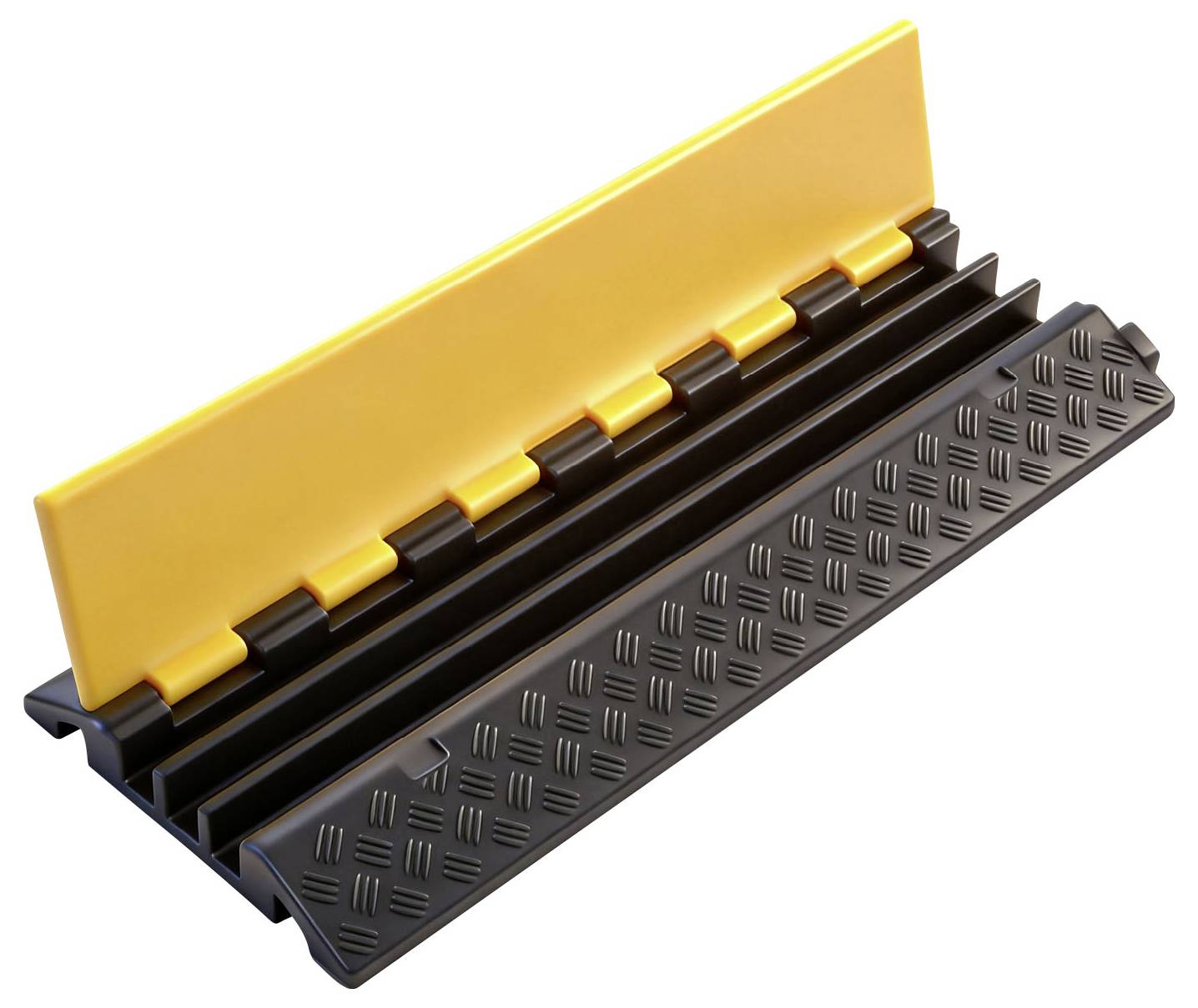 Rampe de protection de câbles jaune et noir avec couvercle à charnières et base texturée, utilisée pour couvrir et protéger les câbles au sol.