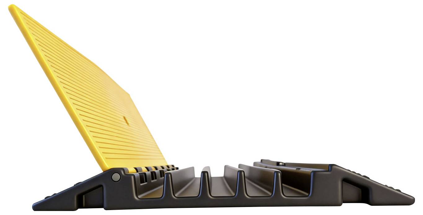 Rampe en plastique jaune inclinée vers le haut sur une base noire, montrant un design pliable avec des fentes, vue de côté.