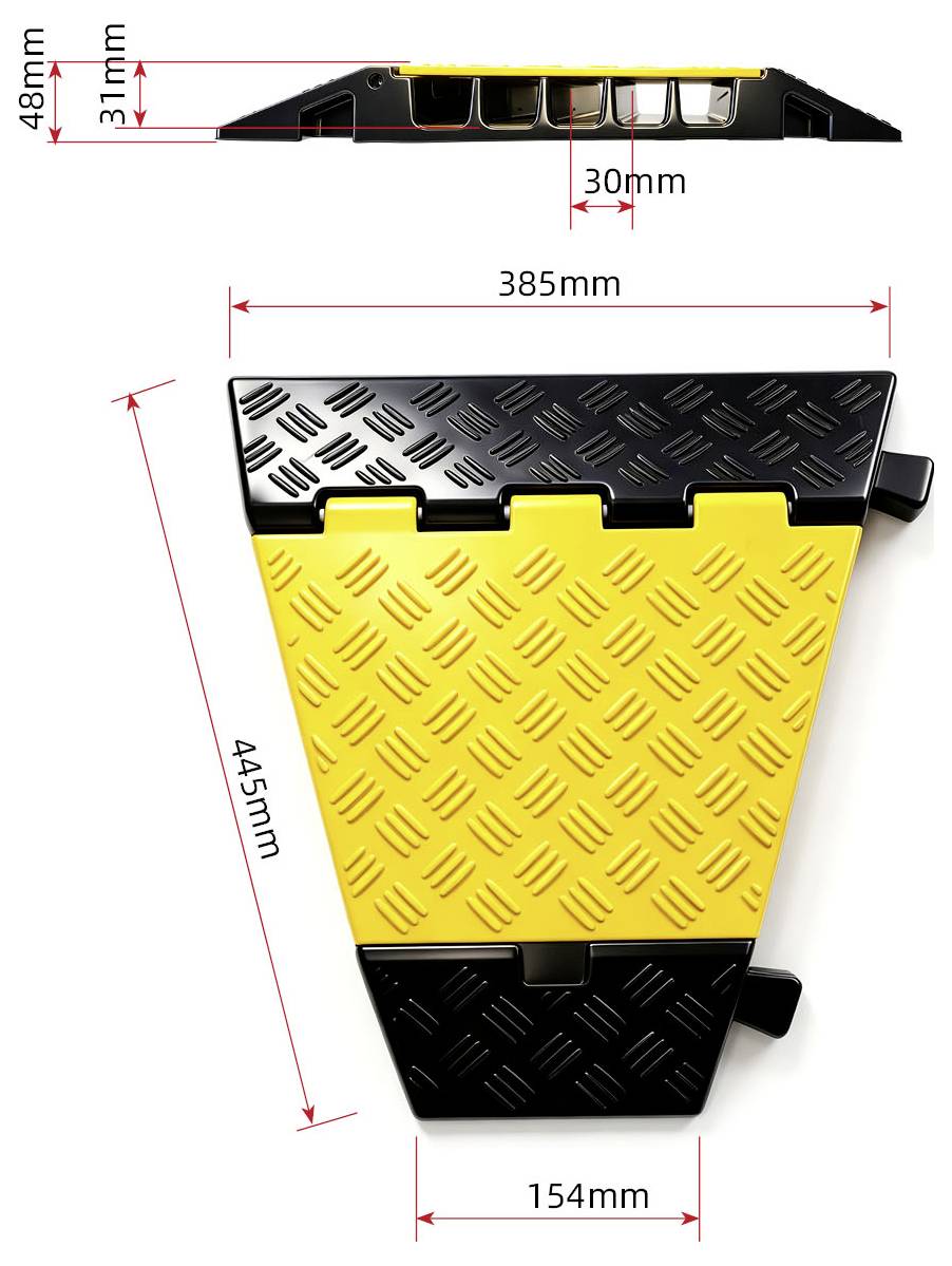 Image de produit dimensionnée d'un dispositif en forme de coin triangulaire jaune et noir, montrant les vues de face et de côté avec les mesures : 385 mm de large, 445 mm de haut, 154 mm de base, 48 mm de hauteur et 30 mm de profondeur.