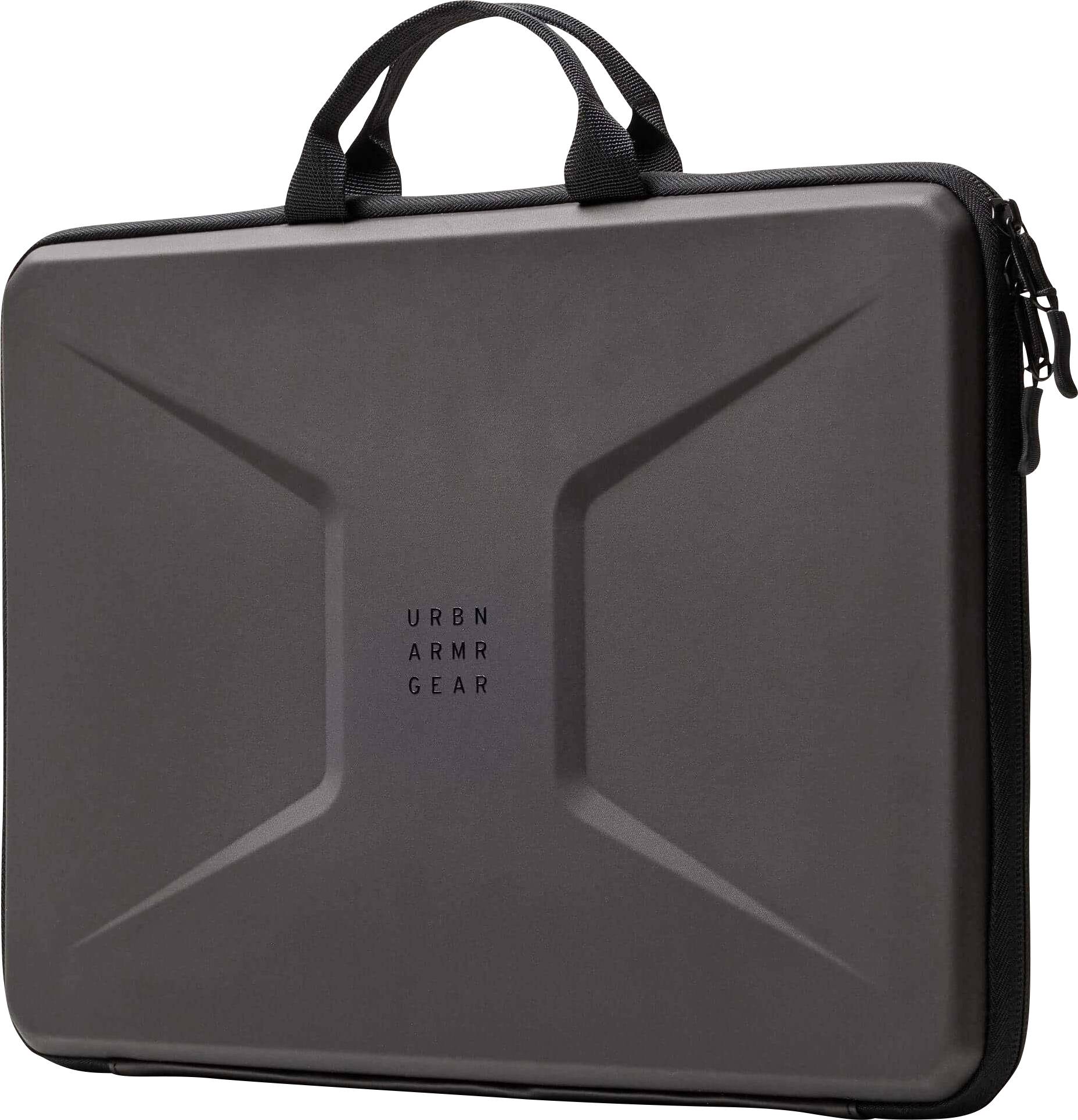 Un étui pour ordinateur portable noir robuste avec un extérieur texturé et protecteur, doté de doubles poignées, présentant le texte « URBN ARMR GEAR » au centre.
