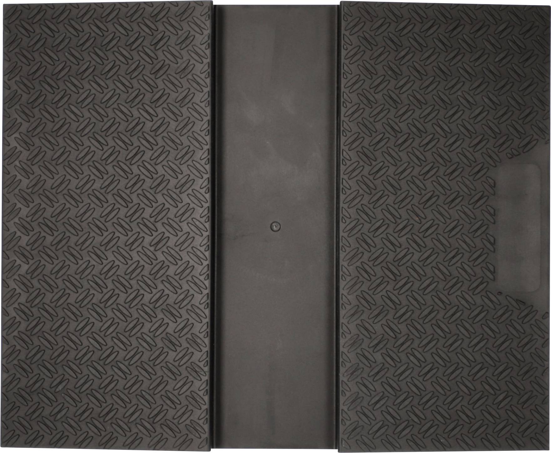 Une surface métallique texturée gris foncé avec un motif de plaque caillebotis couvre un grand panneau plat. Deux sections présentent une poignée et une ligne de division.