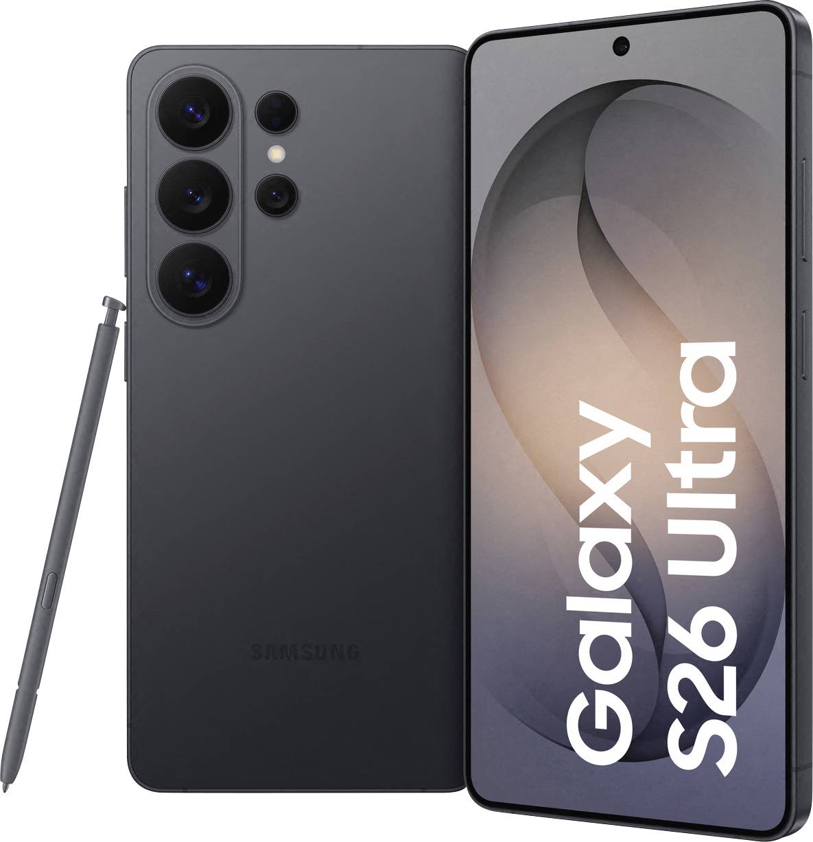 Smartphone « Galaxy S26 Ultra » en noir avec S Pen, mettant en avant son design épuré et son système de caméra.