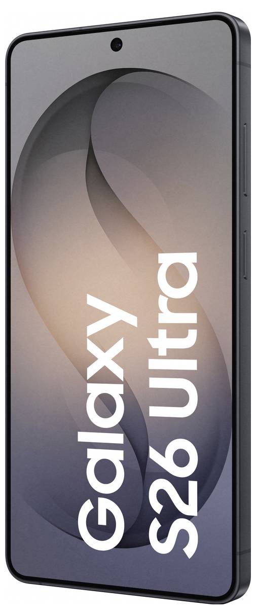 Smartphone affichant « Galaxy S26 Ultra » sur l'écran, présentant un design épuré bord à bord avec un arrière-plan minimaliste.