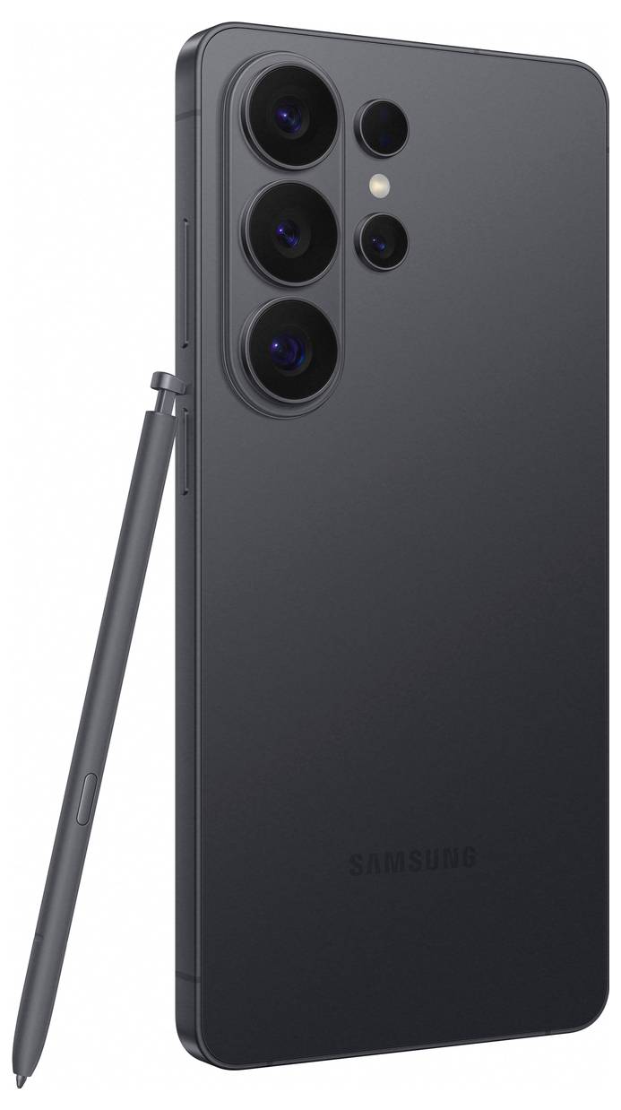 Un smartphone élégant avec quatre caméras arrière et un stylet reposant à côté, mettant en avant le design moderne et les fonctionnalités avancées de l'appareil photo.