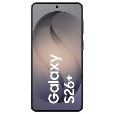 Un smartphone avec un écran affichant le texte « Galaxy S26+ ». L'arrière-plan présente un design « S » stylisé en tons gris.
