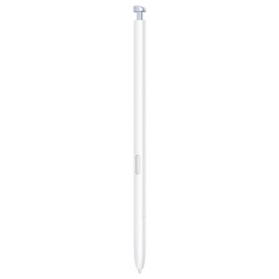 Un stylet blanc élégant avec un bouton bleu clair sur le dessus, conçu pour l'entrée numérique.