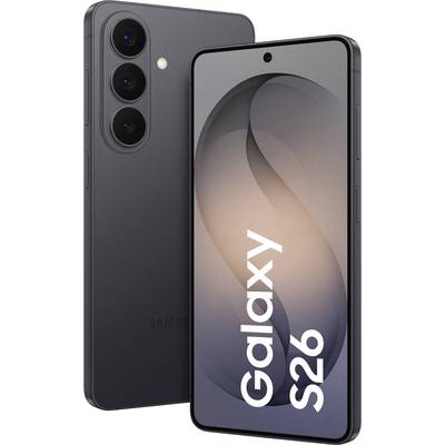 Un smartphone élégant avec un triple appareil photo est exposé. L'écran affiche le texte « Galaxy S26 » avec un design minimaliste.