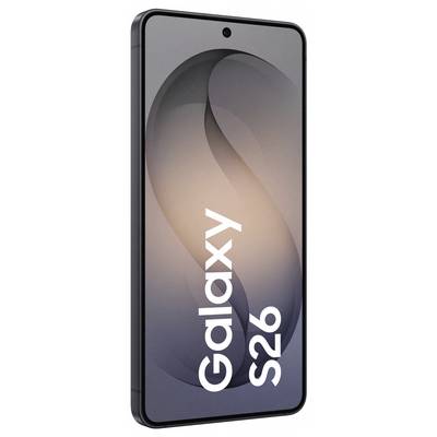 Smartphone « Galaxy S26 » en noir présenté de face, affichant un fond dégradé et le texte « Galaxy S26 ».