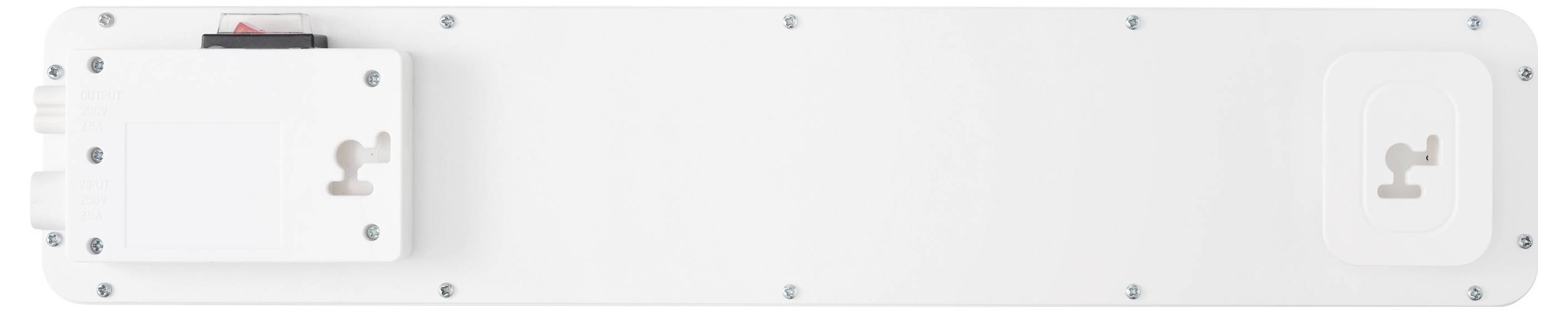 Dispositif rectangulaire blanc monté sur mur avec vis, un panneau gauche plus grand et un petit module droit ; boîtier d'équipement industriel.
