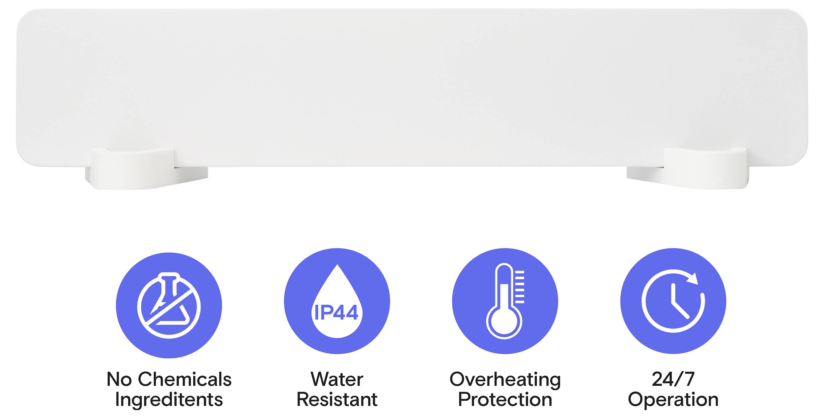 Appareil blanc monté au mur avec quatre icônes de caractéristiques : pas d'ingrédients chimiques, résistant à l'eau IP44, protection contre la surchauffe, et fonctionnement 24h/24 et 7j/7.