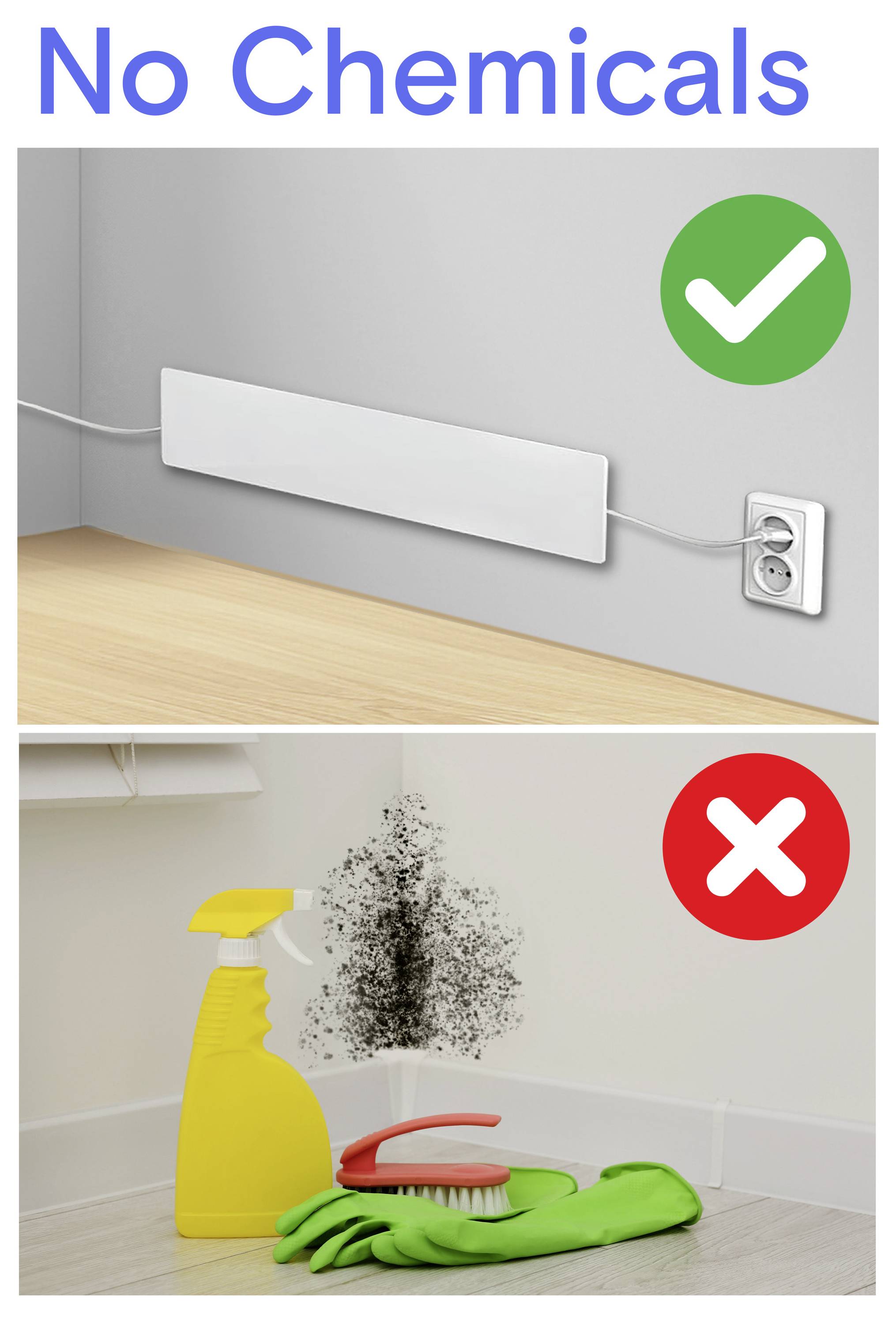 Comparaison à deux panneaux intitulée « Sans produits chimiques » : en haut, un radiateur mural avec une coche verte, en bas, des produits de nettoyage et de la moisissure avec une croix rouge.