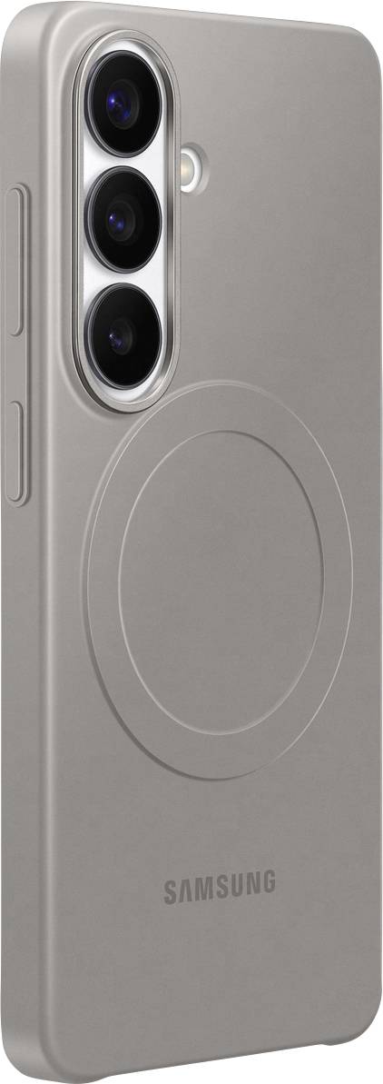 Un étui de téléphone gris pour un appareil Samsung doté d'une bague MagSafe circulaire intégrée au dos et compatible avec trois objectifs de caméra.