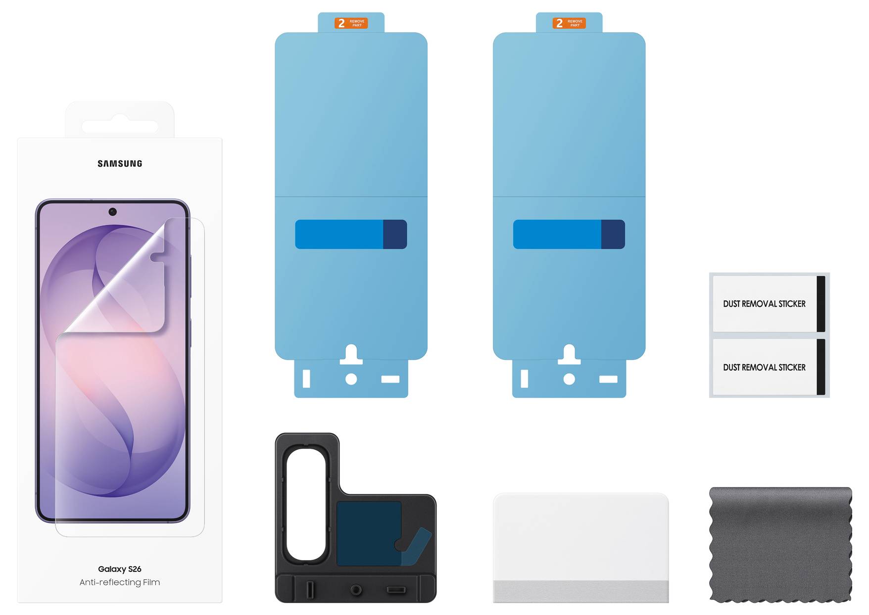 Kit protecteur d'écran Samsung Galaxy S23 avec deux cadres d'installation, autocollants de suppression de poussière, une raclette et un chiffon en microfibre.