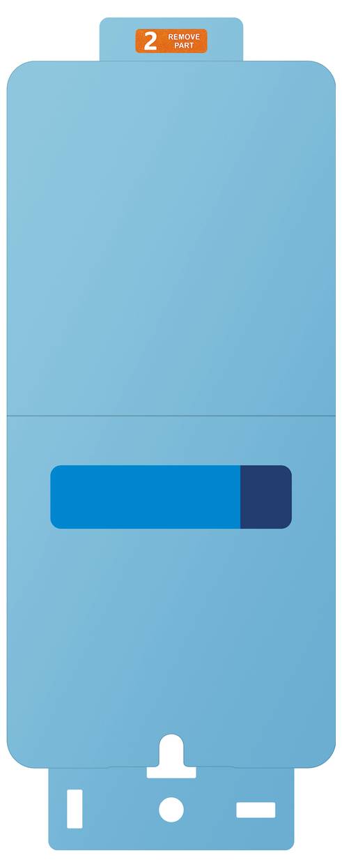 Bandelette de test bleue pour un glucomètre, marquée « 2 » pour « DEUXIÈME TEST », affichant un petit rectangle bleu foncé au centre.