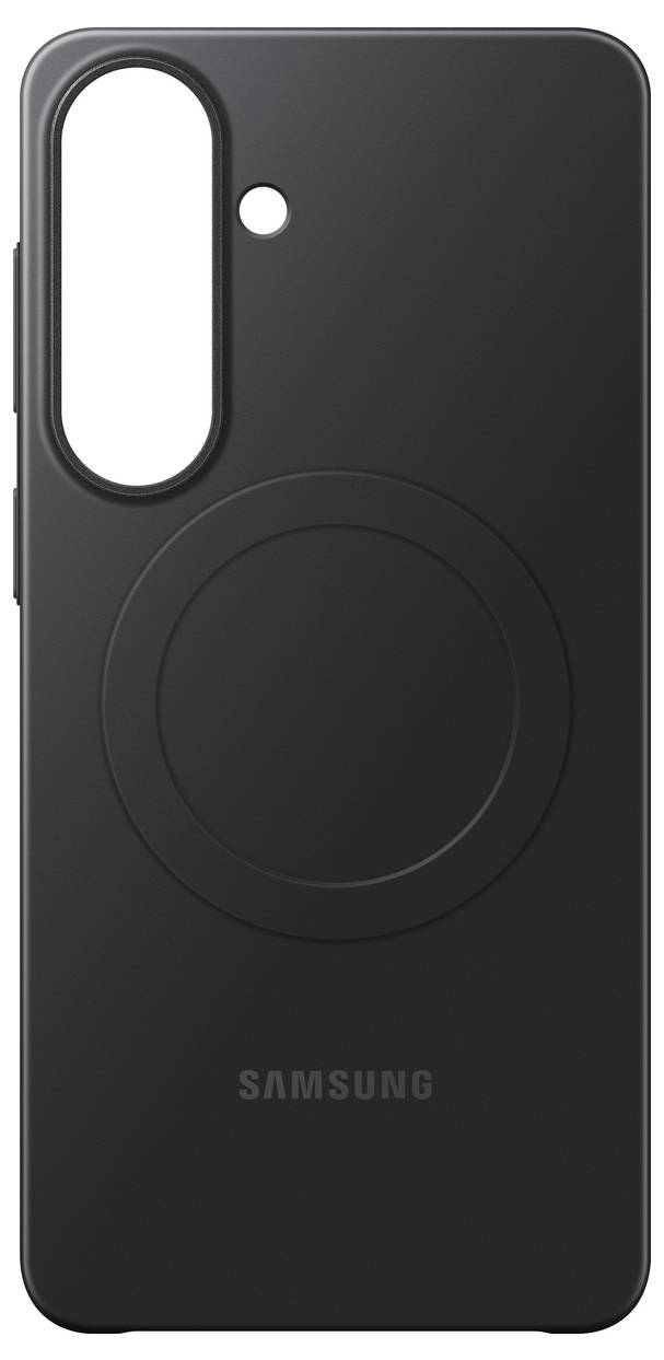 Un étui de smartphone gris présentant un design circulaire au centre et une ouverture pour l'objectif de l'appareil photo.