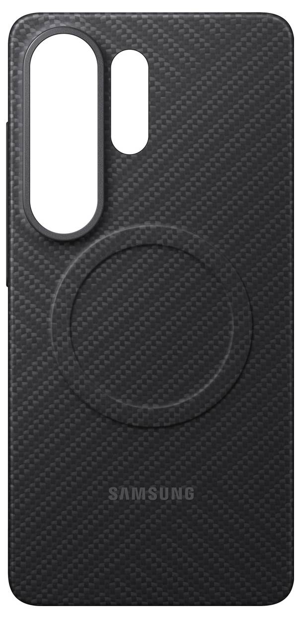 Étui de téléphone noir de marque « Samsung » avec texture en fibre de carbone, doté de découpes pour l'appareil photo et d'une indentation circulaire pour la préhension ou l'attachement.