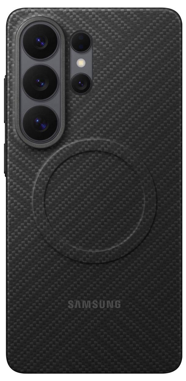 Un étui de téléphone noir avec une découpe pour caméra et un design circulaire centré au dos. Fabriqué par Samsung, il s'adapte parfaitement à un smartphone.