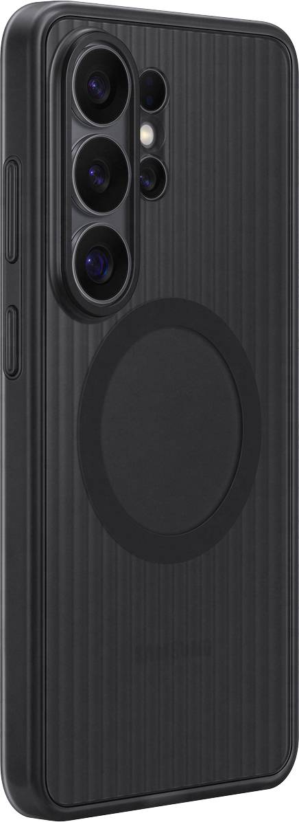Un smartphone noir avec un étui texturisé, présentant une zone magnétique circulaire à l'arrière et plusieurs caméras arrière.
