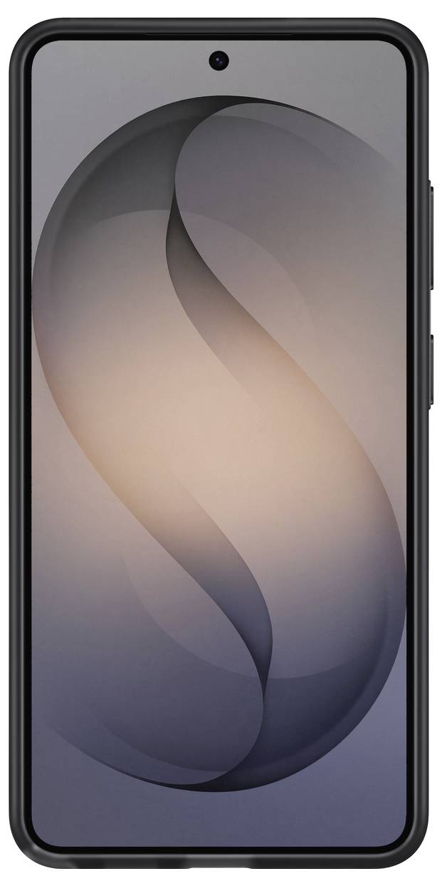 Un smartphone affichant un fond d'écran abstrait avec des formes courbes imbriquées dans des teintes de gris et de pêche. Le téléphone est doté d'une caméra frontale.