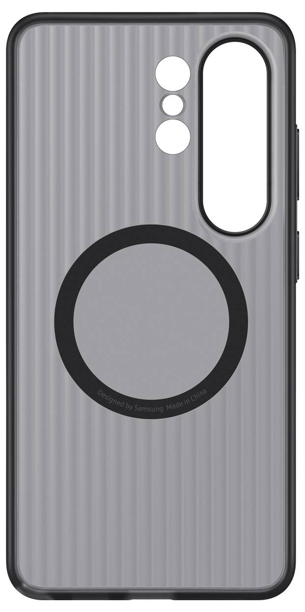 Un étui de téléphone Samsung noir avec un motif texturé, présentant une découpe pour l'appareil photo et une rainure circulaire au centre.