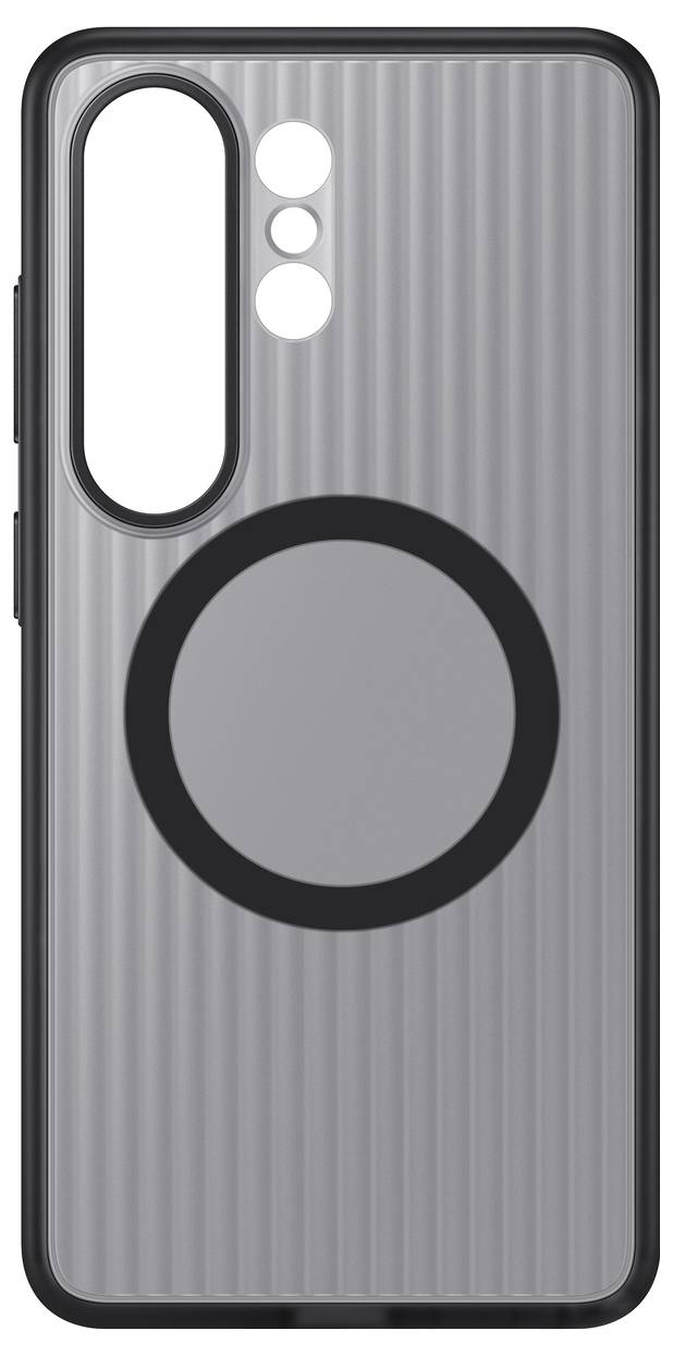 Un étui de téléphone avec un motif de rayures verticales texturées et un large anneau noir circulaire au centre, conçu pour un smartphone doté de plusieurs objectifs de caméra.