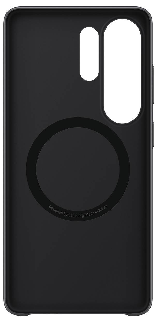 Un étui de smartphone noir avec des découpes pour l'appareil photo et les boutons latéraux, présentant un motif circulaire au centre.