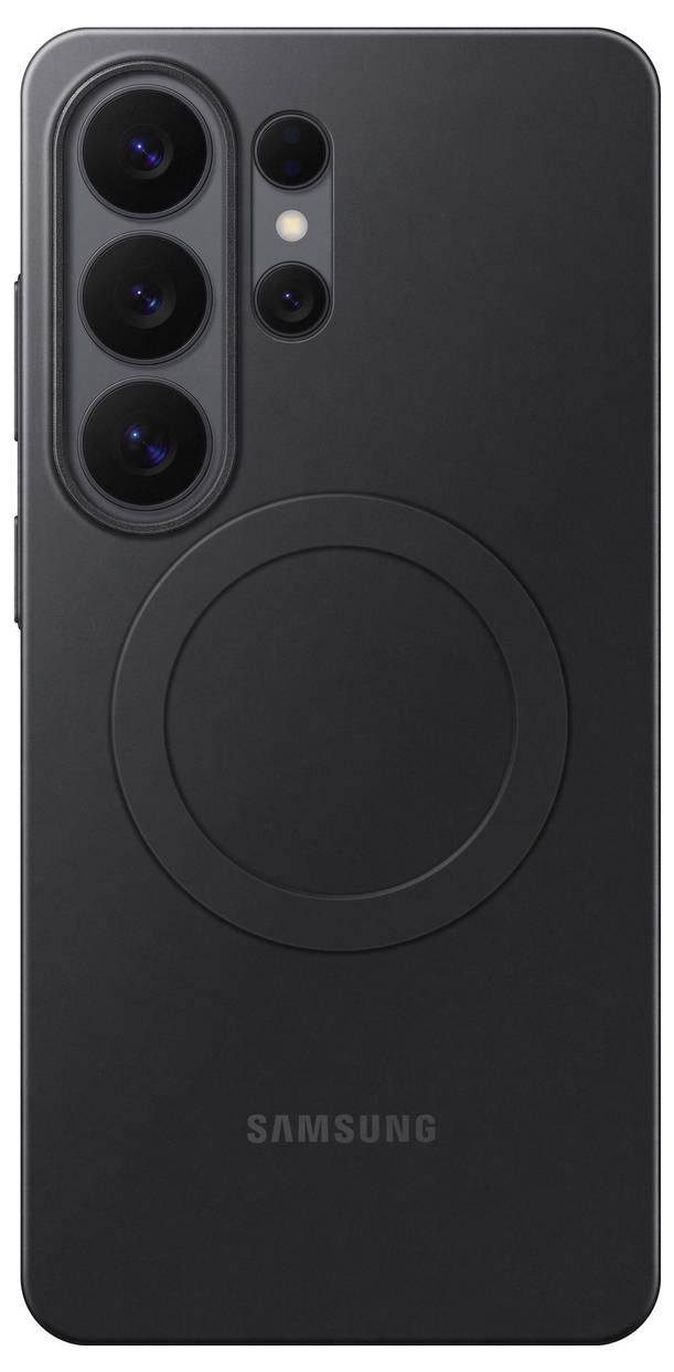 Un smartphone noir avec trois caméras arrière et un design circulaire à l'arrière, présentant le logo Samsung en bas.