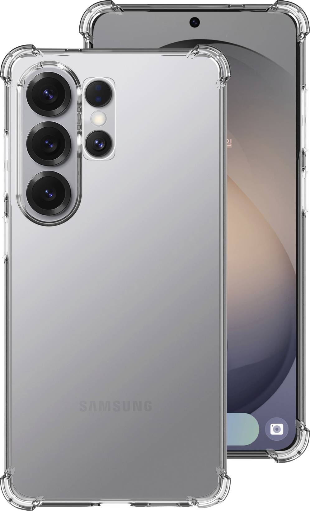 Un smartphone avec un triple appareil photo arrière et un étui de protection transparent, montrant les vues avant et arrière.