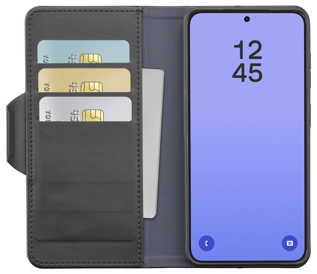 'Étui portefeuille ouvert pour téléphone avec trois emplacements pour cartes de crédit, un emplacement pour pièce d'identité, et un smartphone affichant un écran dégradé bleu avec l'heure 12h45.'