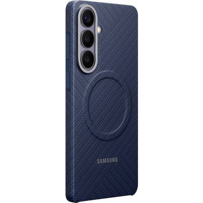 Un étui pour téléphone Samsung bleu avec une surface texturée et un trou au centre pour la compatibilité de charge sans fil.