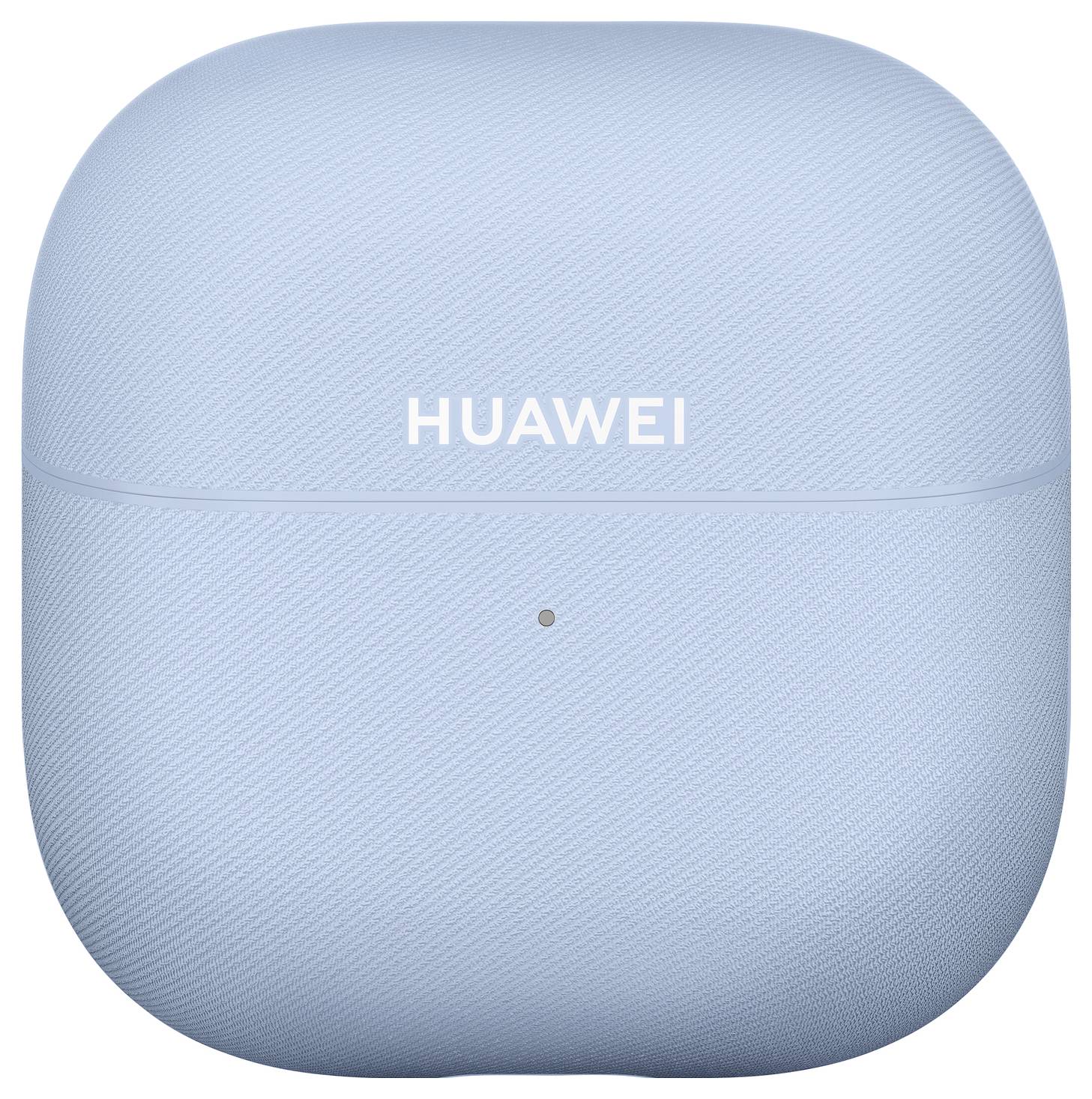 Boîtier de charge pour écouteurs sans fil Huawei bleus avec une surface texturée et un voyant indicateur central.
