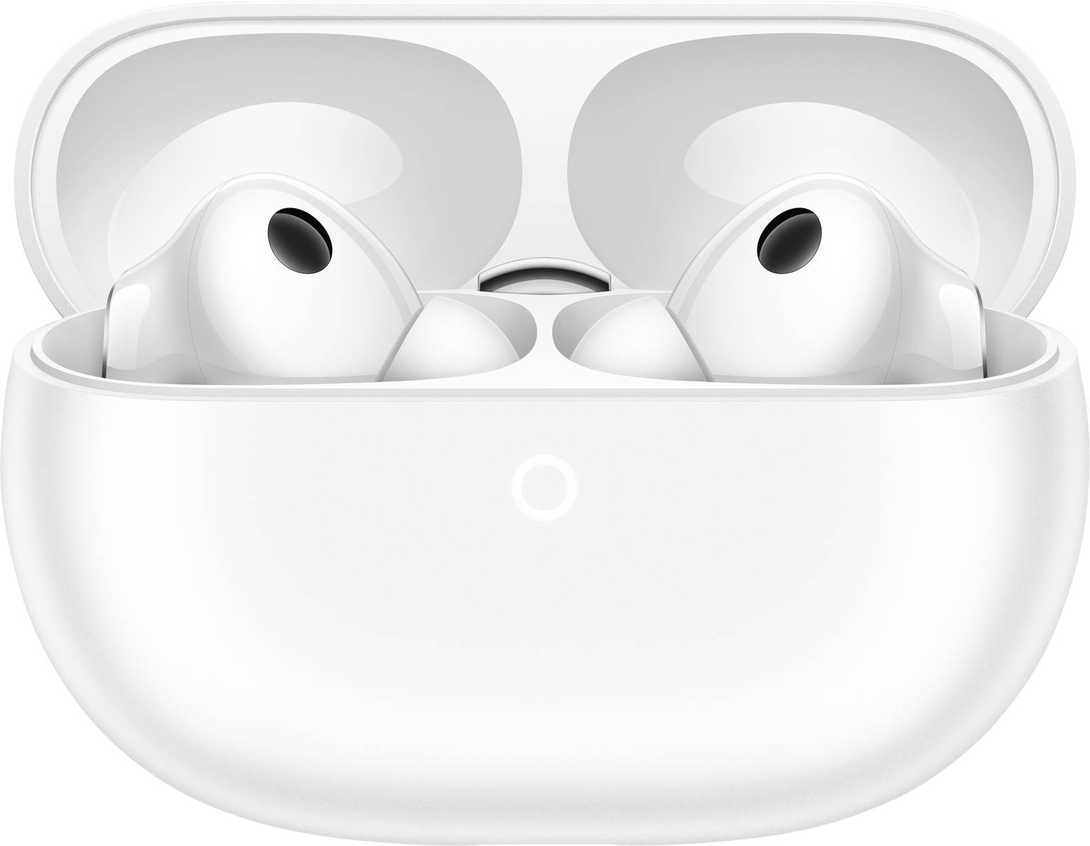 Écouteurs sans fil blancs dans un étui de charge ouvert.