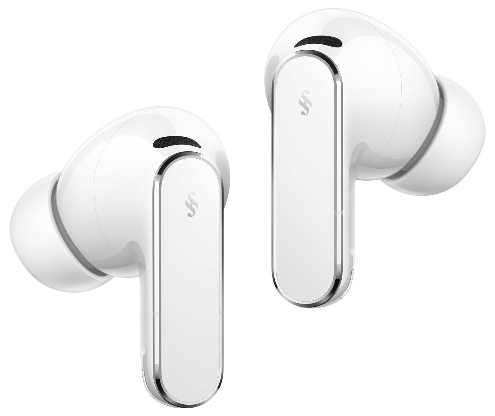 Des écouteurs blancs sans fil au design élégant et brillant, avec de petits logos sur chaque pièce.