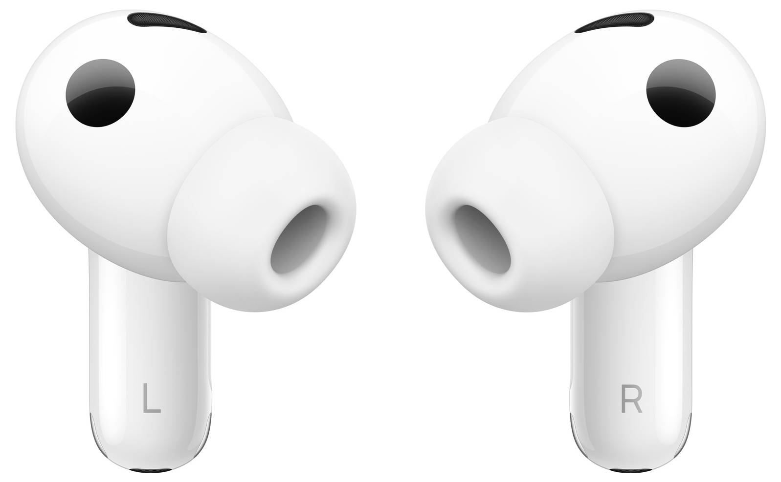 Deux écouteurs sans fil étiquetés « G » et « D » pour gauche et droite. Ils sont blancs avec une finition brillante et des embouts auriculaires en silicone.