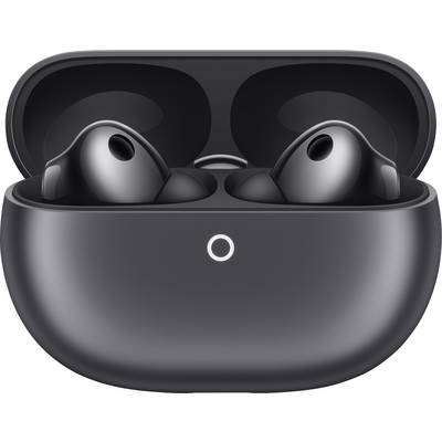 Des écouteurs sans fil noirs dans un étui de charge ouvert, avec un indicateur circulaire à l'avant, mettant en évidence un design épuré et compact.