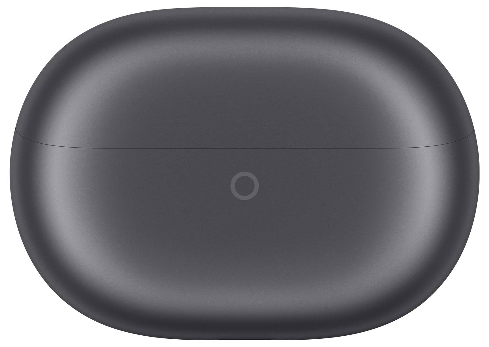 Une vue rapprochée d'un étui de charge pour écouteurs ovales noirs avec un design sans couture et une petite indentation circulaire à l'avant.