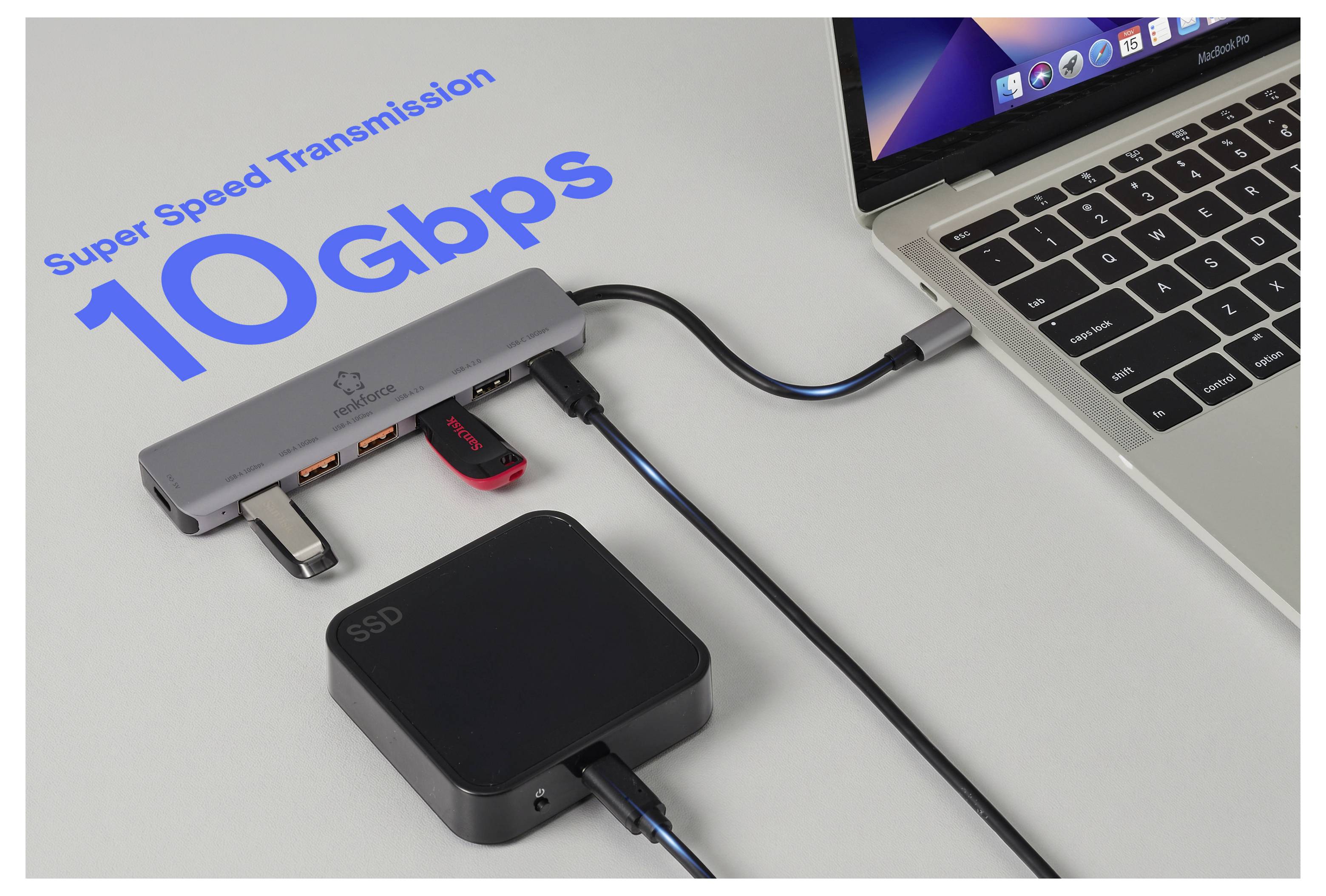 Concentrateur USB-C connecté à un ordinateur portable avec SSD et clé USB, annonçant « Transmission Super Rapide 10 Gbps ».