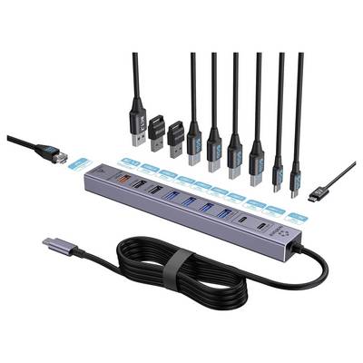 Concentrateur USB-C avec plusieurs ports et plusieurs embouts d'adaptateur interchangeables, présenté avec un câble enroulé et une fiche USB-C.