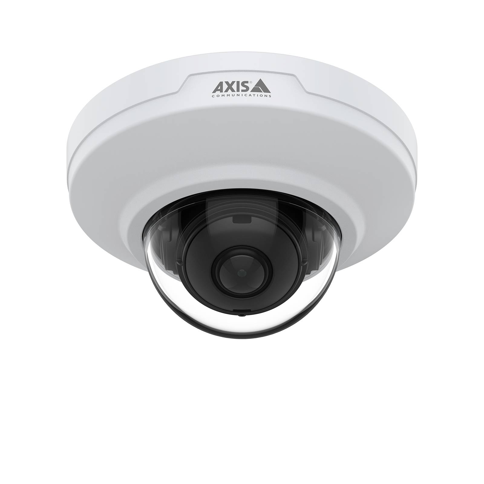Une caméra dôme de sécurité blanche montée au plafond, avec la marque « Axis Communications » visible. L'objectif est positionné au centre.
