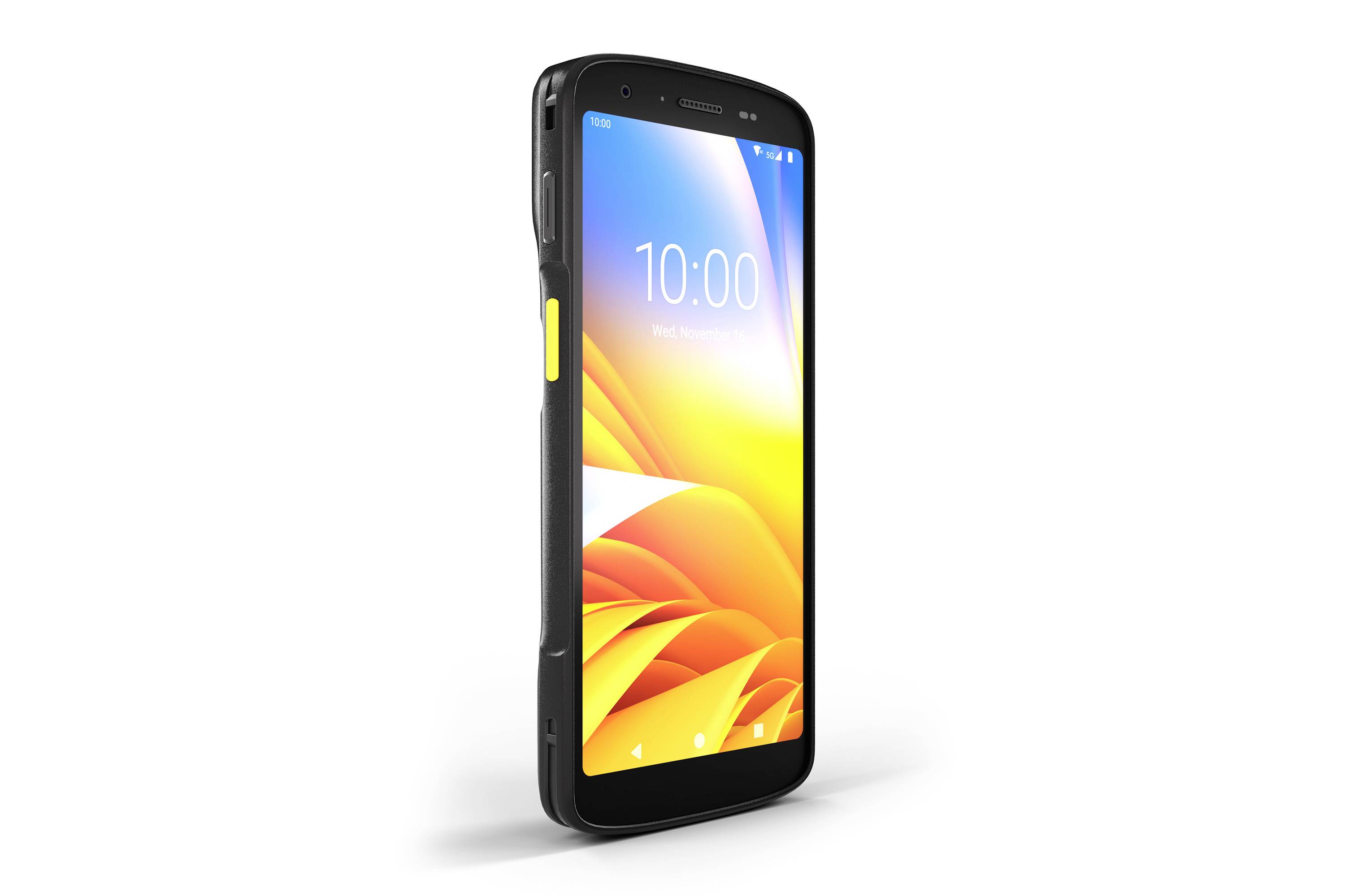 Un smartphone au design robuste avec un bouton latéral jaune affiché en angle, montrant un écran lumineux avec l'heure '10:00'.