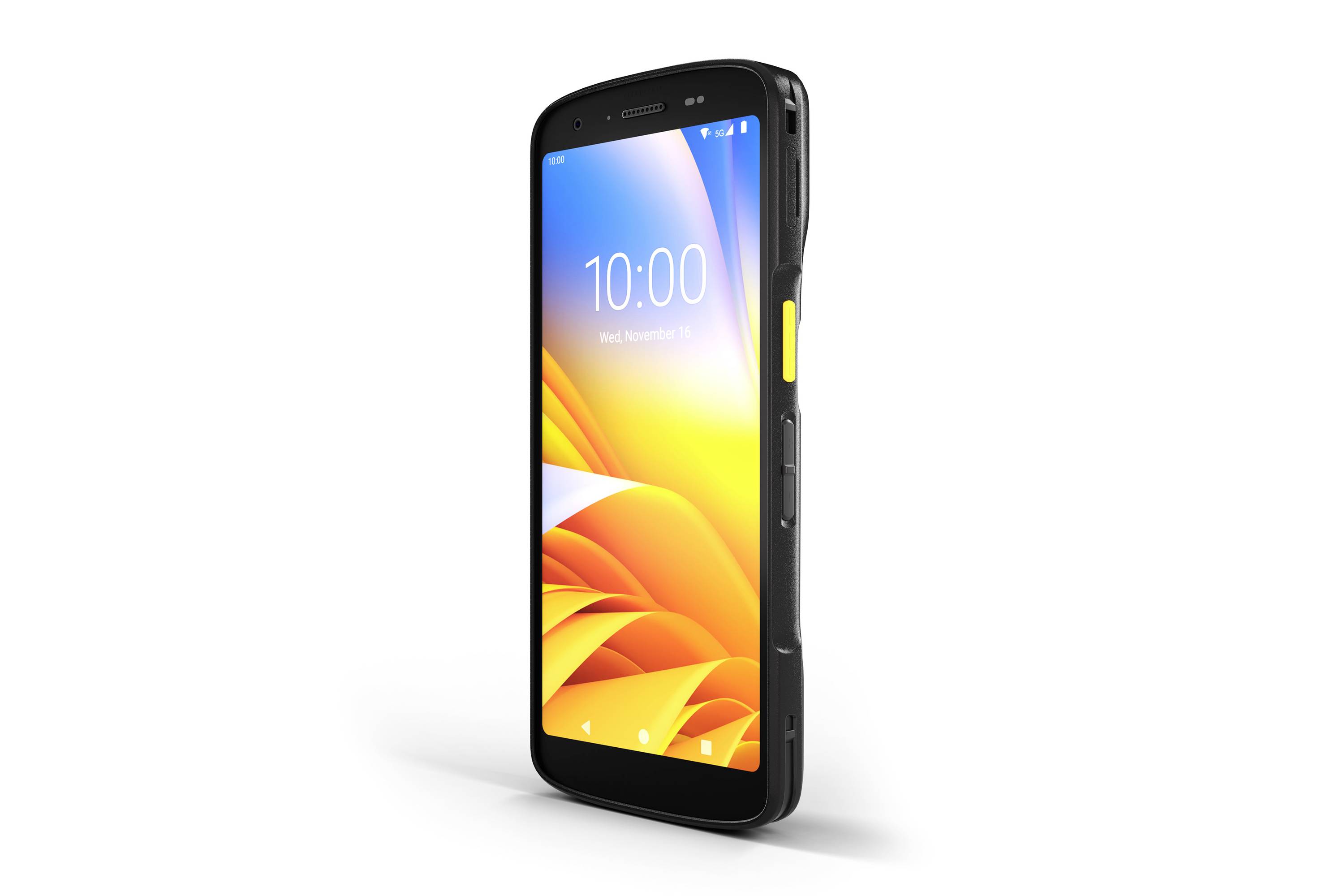 Un smartphone noir avec un bord incurvé, affichant un fond d'écran abstrait jaune vif et orange et l'heure « 10:00 ».