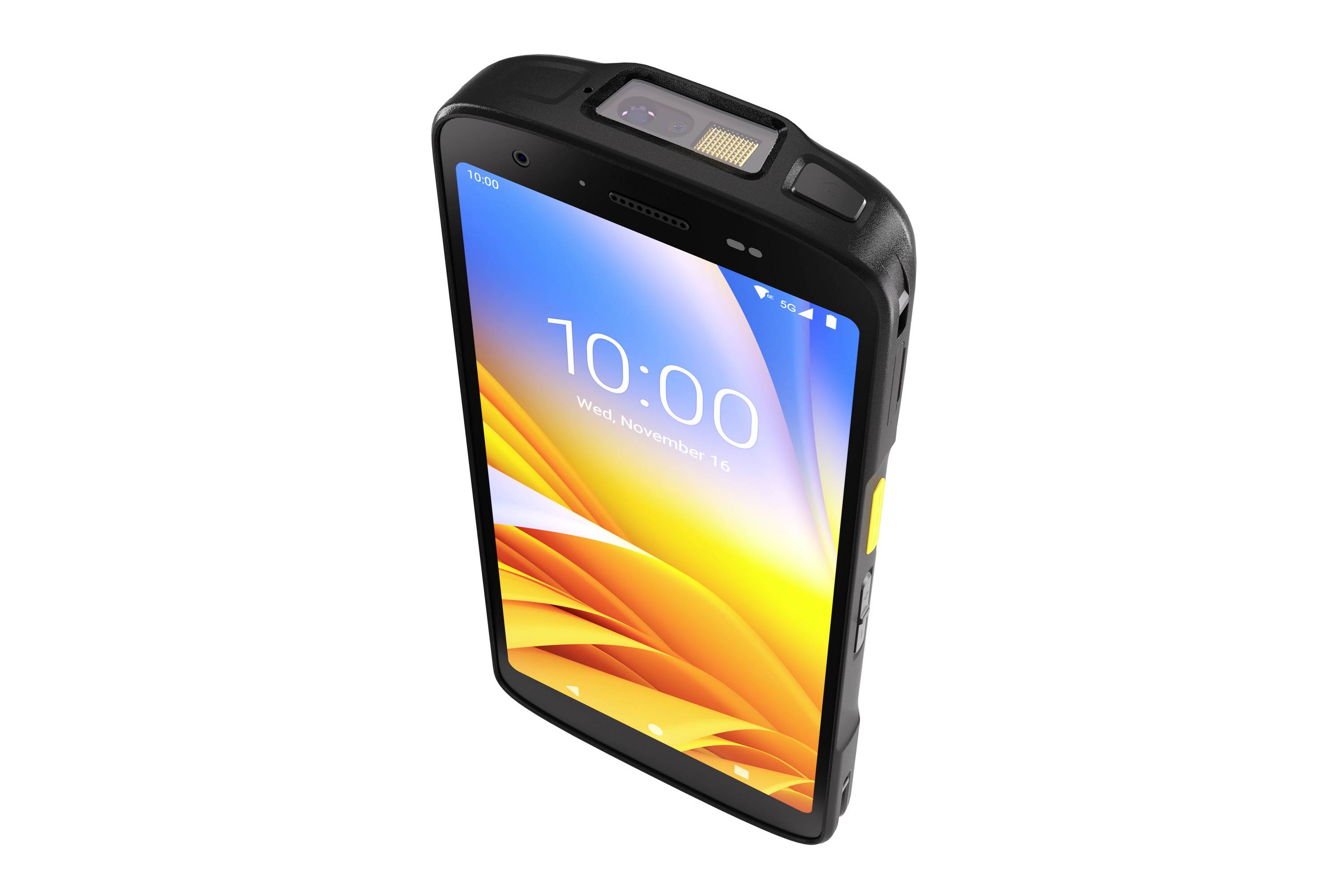 Un appareil portable robuste avec un grand écran tactile affichant l'heure « 10:00 » et la date « mercredi 18 novembre ». Le design est durable.