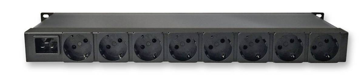 Une unité de distribution d'alimentation noire avec huit prises de style européen et un interrupteur d'alimentation, conçue pour les équipements montés en baie.