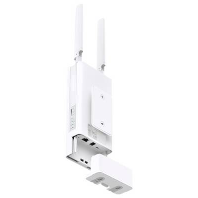 Un point d'accès sans fil blanc avec antennes, ports et panneau amovible, conçu pour une utilisation en extérieur, améliorant la connectivité Internet.