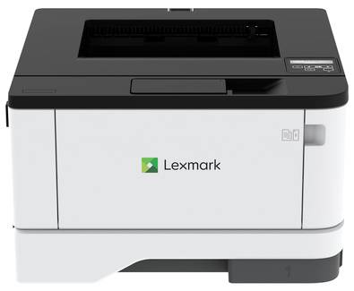 Une imprimante Lexmark avec un panneau de contrôle en haut à droite, présentant un design compact et un extérieur blanc avec un sommet noir.