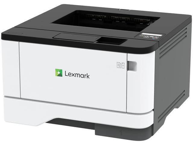 Une imprimante Lexmark en noir et blanc avec un bac à papier et un panneau de contrôle visibles sur le dessus.